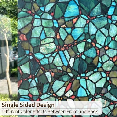 funlife Original Hand-Drawn Privacy Stained Glass Window Film, Single Sided Static Cling Window Cling Suitable for Entryway, Reusable Glass Windows Door Decor, 29.53"x118", Spring Pine Cobblestones - Image 2