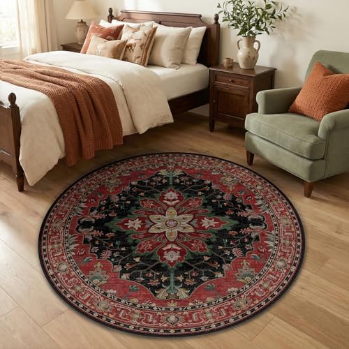 RELEANY Washable Area Rug, Round 4ft, Red/Black by RELEANY