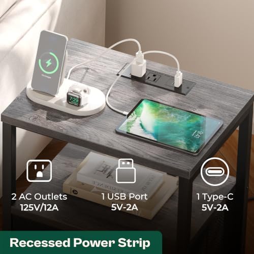 Huuger Nightstand with Charging Station, Side Table with Fabric Drawers, End Table with Open Shelf, Bedside Table with USB Ports and Outlets, Night Stand for Bedroom, Charcoal Gray - Image 3