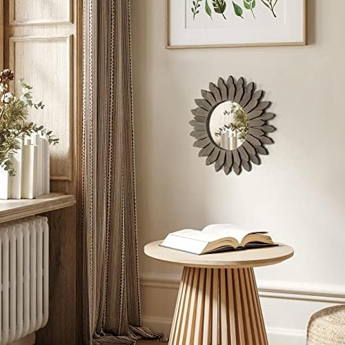 Honiway Farmhouse Wall Decor Mirror 12 inch Sunburst Boho Wood Mirror Rustic Home Decor Room Decoration for Bedroom Living Room Weathered Grey - Image 3