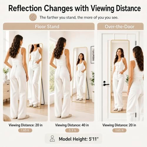 57x20" Full Length Mirror Floor Stand,Over the Door,Wall Mounted Gold - Image 4