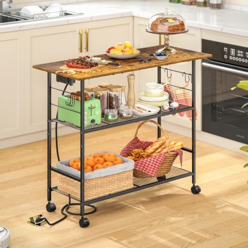 Kitchen Island with Power Outlet, Rolling Kitchen Cart with 6 Hooks and Protective Shelf, Microwave Stand on Lockable Wheels, Bakers Rack Coffee Bar for Dining, Living Room, Outdoor, Metal Frame by ThreeHio