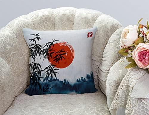 TSSOHU Throw Pillow Cover Japanese Bamboo Pillow case Asian Ink Painting Black Tree Stems Red Sun Mountains Decorative Pillow Case Funny Home Decor Square 18 x 18 Inch Cushion Pillowcase - Image 2
