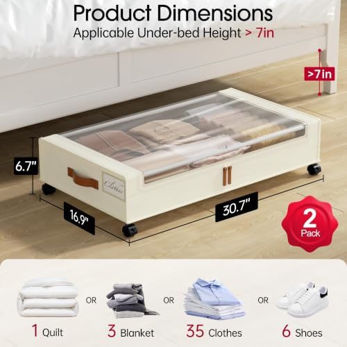 Yecaye 60L Under Bed Storage Containers with Wheels, 2 Pack Under Bed Storage Containers, Underbed Shoe Storage with Clear Window & Label, Rolling Under Bed Metal Drawer for Shoes, Clothes, Beige - Image 2