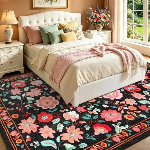 6x9 Ft Washable Area Rug for Living Room Black Vintage Floral Carpet - Image 3