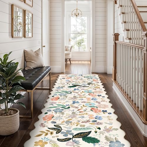 Washable 2x8 Hallway Runner Rug: Vintage Water-Resistant Floral Scalloped Kitchen Entryway Rug Ultra Soft Living Room Bedroom Carpet Non-Slip Indoor Floor Mat for Bathroom Dining Room(2x8,Cream) - Image 4