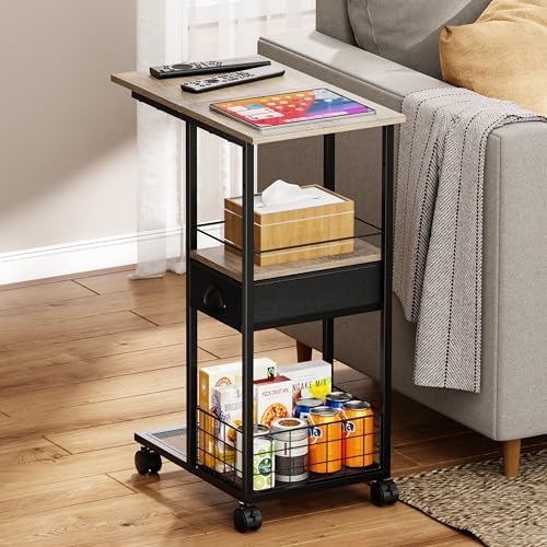 Rolling C Shaped Side Table with Storage Drawer, Ivory Portable Desk on Wheels, Bedside Table for Sofa Couch & Bed, Small Overbed Laptop Desk, Mobile Coffee End Table for Bedroom Living Room Dorm - Image 2
