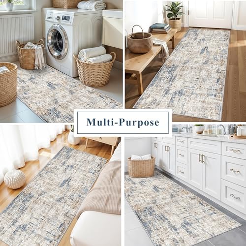 3x7 Washable Non-Slip Kitchen Runner Rug – Modern Abstract Neutral Carpet for Hallway, Entryway, Bedroom, Laundry Room – Low-Pile Thin Wide Floor Runner with Rubber Backing（Blue Brown） - Image 4