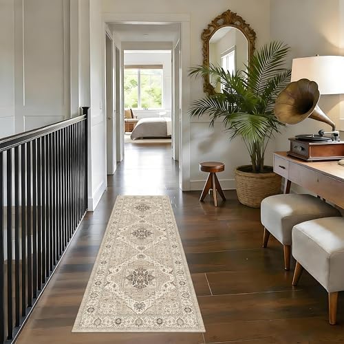 2x6 Washable Entryway Runner Rug, Vintage Non-Slip Low Pile Rugs, Beige - Image 4