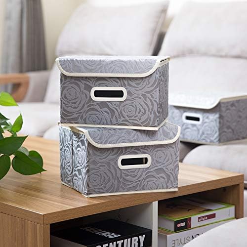 PRANDOM Stackable Storage Boxes with Lids [5-Pack] Fabric Decorative Storage Bins Cubes Organizer Containers Baskets with Cover Handles Divider for Bedroom Closet Living Room Grey 9.8x7.9x6.7 Inch - Image 2