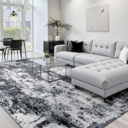 RELEANY Washable 7'x10' Abstract Area Rug for Living Room Black White by RELEANY