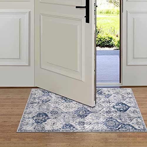 Lahome Moroccan Trellis Washable Rug, 2x3 Kitchen Rugs for Entryway Bathroom, Non-Slip Indoor Door Mat Ultra-Thin, Small Oriental Throw Carpet for Bedroom Entry Elise, White/Royal Blue - Image 4