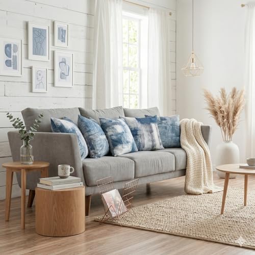 Set of 4 Blue and Grey Abstract Art Artwork Pillow Cover 16 x 16 Inch, Gallery Modern Decorative Throw Pillows Cushion Cover for Bedroom Sofa Living Room - Image 2