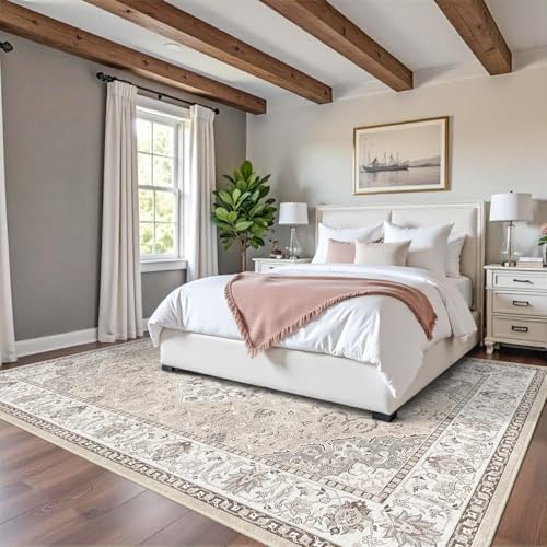 8x10 Living Room Rug for Family- Washable Oriental Stain Resistant Rugs for Bedroom Nursery Non Slip Ultra Soft Carpet for Dining Room Medallion Farmhouse Home Decor Floor Decoration Mat (8x10 Beige) - Image 3