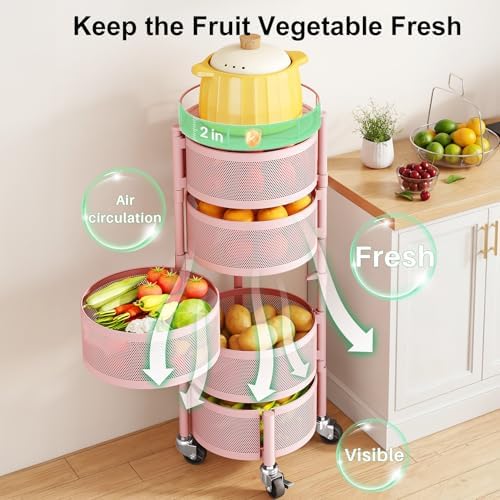 SAYZH 5 Tier Fruit Vegetable Basket Stand for Kitchen, Rotating, Pink - Image 4
