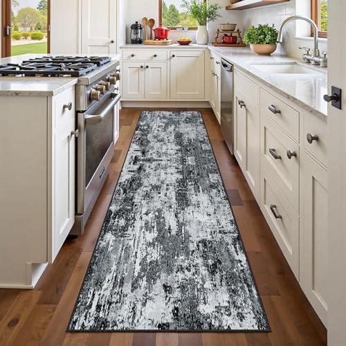 RELEANY Washable Runner 2'x6' Abstract Area Rug for Hallway Black White - Image 3