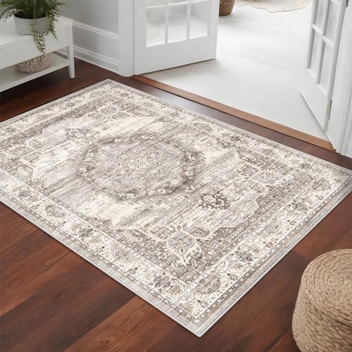 Washable Area Rugs 3x5 Entryway: Soft Low Pile Mat Machine Washable Indoor Doormat Lightweight Entry Rug Anti Slip Backing Rugs for Living Room Bedroom Kitchen Bathroom 3'x5' Beige by YOUFORTONG