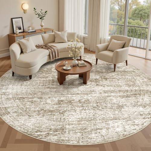 Soalmost Round Rugs 9ft Living Room Circle Area Rug 9x9 Brown Vintage by Soalmost