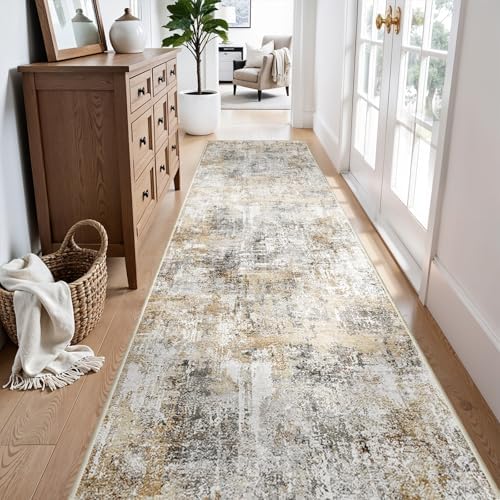 Rug Runners for Hallways Non Slip - 3X10 Washable Kitchen Runner Rug with Rubber Backing | Modern Abstract Wide Floor Carpet Runner for Indoor Entryway, Bedroom, Living Room (Gold Grey) - Image 4
