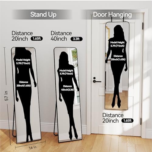 57x16" Full Length Mirror Floor Stand,Over the Door,Wall Mounted Black - Image 2