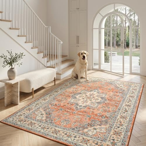 Hanples 5x7 Area Rugs for Living Room, Washable Rug Vintage Floral, Orange - Image 3