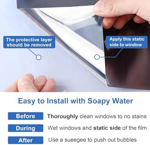 One Way Window Privacy Film See Out Not in, Window Tint for Home, Reflective Mirror Glass Windows Coverings Sun Heat UV Blocking, Black-Silver, 41.3 Inch x 78.74" - Image 4