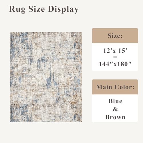 12x15 Area Rug for Living Room – Large Modern Neutral Abstract Thin Washable Carpet, Soft Low Pile Non-Slip Stain-Resistant for Bedroom Dining Room Home Office（Blue Brown） - Image 2