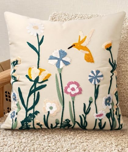 Embroidered Throw Pillow Cover 18x18 Inch, Flower Bird by Kokaaee