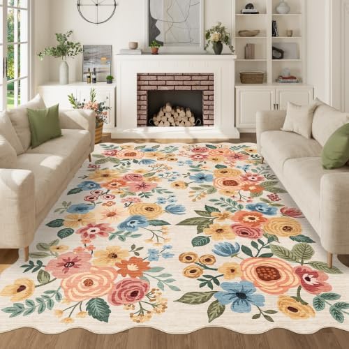 DUKINO 6x9 Area Rugs, Floral Washable Living Room Rug Non Slip Beige Yellow by DUKINO