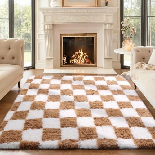 Ophanie Checkered Beige & White Rug for Living Room Bedroom,Fluffy Soft Cute Fuzzy Area Rugs,Shag Plush Shaggy Bedside Floor 4x6 Furry Carpet Kids Baby Teen Dorm Decor with Over 99 pcs Pile fibers by Ophanie