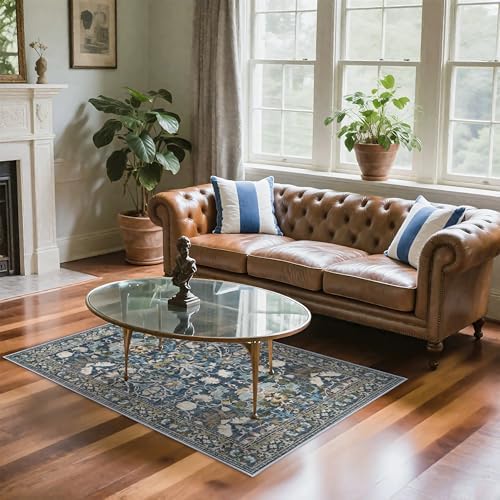 Washable 3x5 Entryway Area Rugs: Ultra Soft Low Pile Carpet for Kitchen Nursery Indoor Light-Weight Doormat Anti-Slip Thin Entry Rug for Living Room Bedroom Small Vintage Floor Mat(3x5,Floral/Blue) by HYHAOYUNLAI
