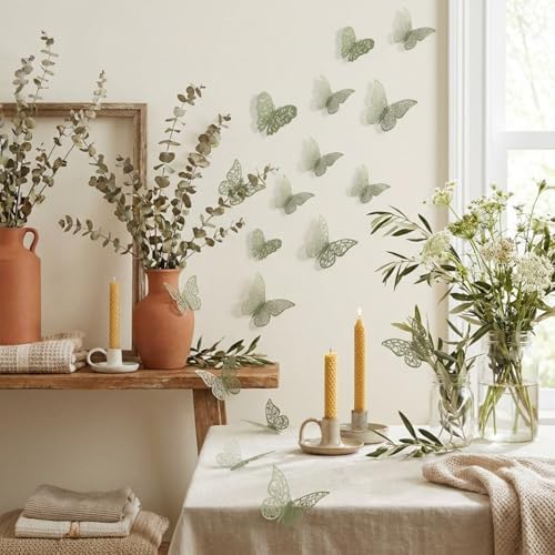Bememo 72 Pcs 3D Butterfly Wall Decals, 3 Sizes,Sage Green | Metallic Hollow Design for Bedroom Living Room, Removable Adhesive Wall Decor, Easy Peel Stick Party Decoration Stickers - Image 6