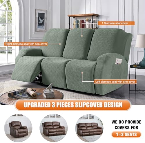 VANSOFY Stretch Recliner Couch Cover, Slipcover, Bean Green, 3 Seater - Image 6