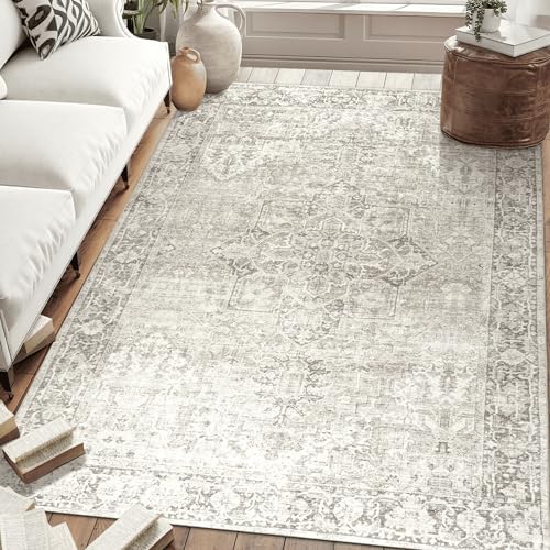ReaLife Rugs Machine Washable Area Rug - Living Room Bedroom Bathroom Kitchen Entryway Office - Padded Low Pile Stain Resistant Premium - Boho Farmhouse Vintage - Lyle - Beige Ivory 5' x 7' by ReaLifeRugs