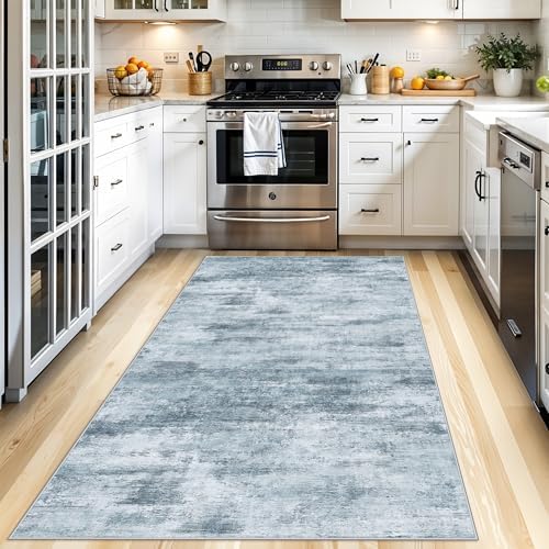 4x8 Washable Area Rug – Non-Slip Rubber Backed Indoor Rug for Entryway, Kitchen, Hallway | Modern Abstract Neutral Low Pile Thin Floor Mat for Bedroom, Living Room, Office (Blue Grey) - Image 2