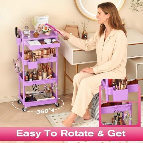 Goovilla Rolling Makeup Organizer Cart with Removable Drawer, 4 Tier Purple - Image 5
