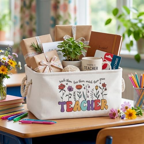Marsui 1 Pcs Teacher Gifts Basket Teacher Book Storage Bin, White Brown - Image 3