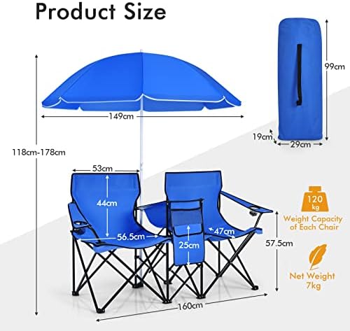 ARLIME Double Folding Beach Chairs, Outdoor Picnic Portable Loveseat Chairs with Removable Umbrella & Mini Table Carrying Bag, Camping Chair for Patio, Pool, Park (Blue) - Image 3