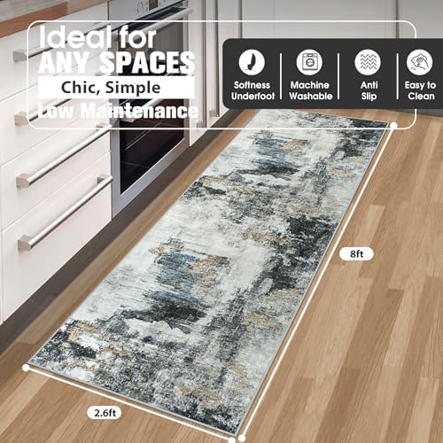 Aelenmu Runner Rugs for Hallways Kitchen 2.6x8 Non Slip Washable Black Gold - Image 2
