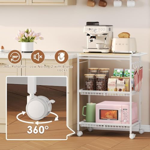 Microwave Kitchen Cart, White Kitchen Shelf with Push Handle, 3 Tier Rolling Microwave Table Stand with 2 Lockable Wheels for Bakers Rack, Kitchen Island, Small Coffee Station - Image 6