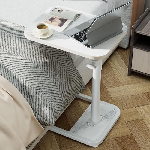 GOYLSER C Shaped Tv Trays Living Room End Table End Stand, White Marble Minimalist Wooden C Table for Sofa, Height Adjustable Tv Tray Tables Side Table for Dinner Eating by GOYLSER