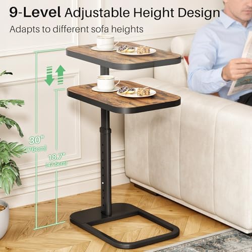 Kitstorack Adjustable Height C-Shaped End Table, 9-Level Side Table with Thickened Metal Rounded Edge, Couch Table Slides Under Sofa or Bed, Eating, Working, TV Tray Table for Small Spaces, Brown - Image 4