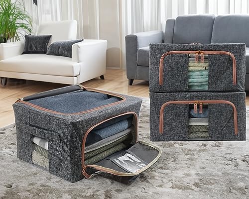 Linen Clothes Storage Bins, 4PCS Sturdy Closet Organizers and Storage Bin with Metal Frame, 2 Opening Ways Fabric Visible Lidded Storage Box for Organizing Clothing,Jeans,Sheets (4PC Gray, 22Liters) - Image 2