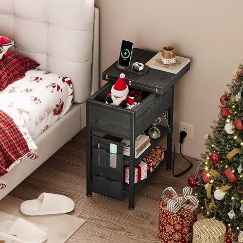 End Table with Charging Station, Flip Top Nightstand with USB Ports and Outlets,Couch Side Table with Fabric Bag and Hooks, Bedside Table for Space Saving, Living Room, Bedroom (Black) - Image 4