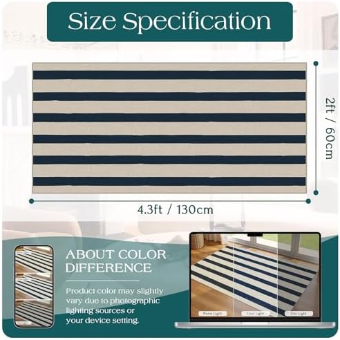 Front Door Mat Indoor Entrance, 2x4.3 Ft Blue and White Striped Rug - Image 2