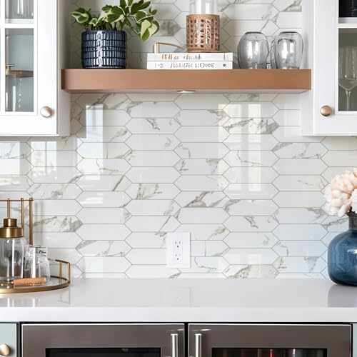 Vamos Tile Glossy White Marble with Gold Veining Backsplash Tile Peel and Stick, 12.8 x 12.8 Inch 10 Sheets Long Hexagon PVC Self Adhesive Mosaic Tiles Stick on Backsplash for Kitchen and Bathroom - Image 3