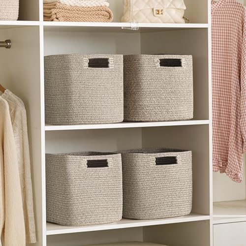 UBBCARE Set of 4 Storage Basket-12 X 12 X 12 in, Cotton Rope Basket for Shelves, Toys, Book, Cube Storage Bins with Handles, Woven Storage Baskets for Organizing, Mix-Brown - Image 6