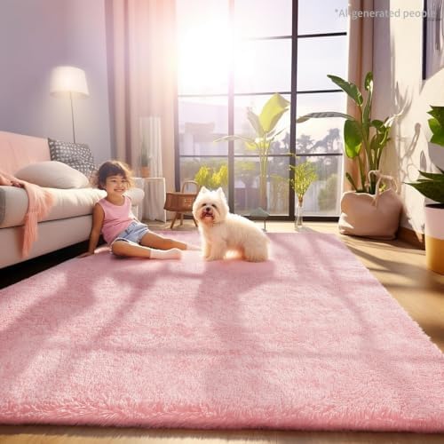 Ophanie Pink Area Rugs for Bedroom Girls, 5x8 Kids Fluffy Fuzzy Furry Shag Carpet, Plush Soft Cute Baby Shaggy Bedside Indoor Floor Rug for Teen Dorm Decor, Nursery with Over 99 pcs Pile fibers - Image 3