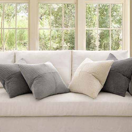 MIULEE Neutral Grey Decorative Throw Pillow Covers 18x18 Inch Set of 4 Modern Farmhouse Corduroy Cushion Cases Striped Patchwork Pillow Cases for Couch Sofa Bedroom Home Decor - Image 2