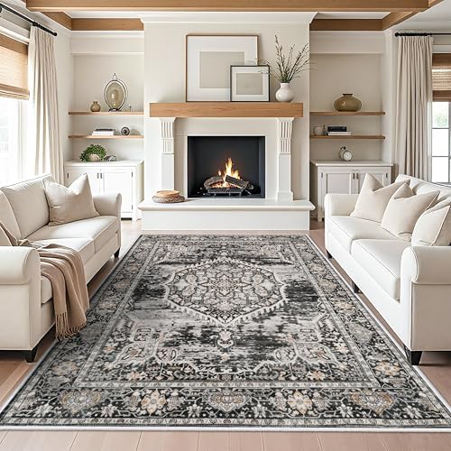 Washable Rugs 7x9 Area Rug：Large Rugs for Living Room - Oriential Distressed Printed Floral Carpet - Non Slip with Rubber Backing Area Rug 7'x9' Black - Image 3